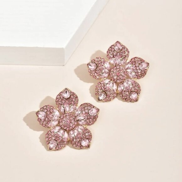 Stainless Steel Rhinestone Flower Shape Baby Pink Color Stud Earrings for Women - Picture 2 of 2